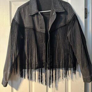 Black Jean Jacket with Fringe Detail